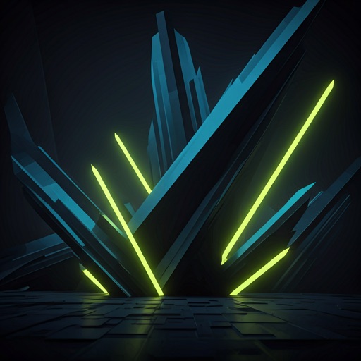 ManyD signature artwork — obsidian shards lit by neon
